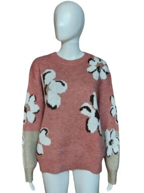 Staccato Floral Intarsia Knit Two Tone Crew Neck Sweater